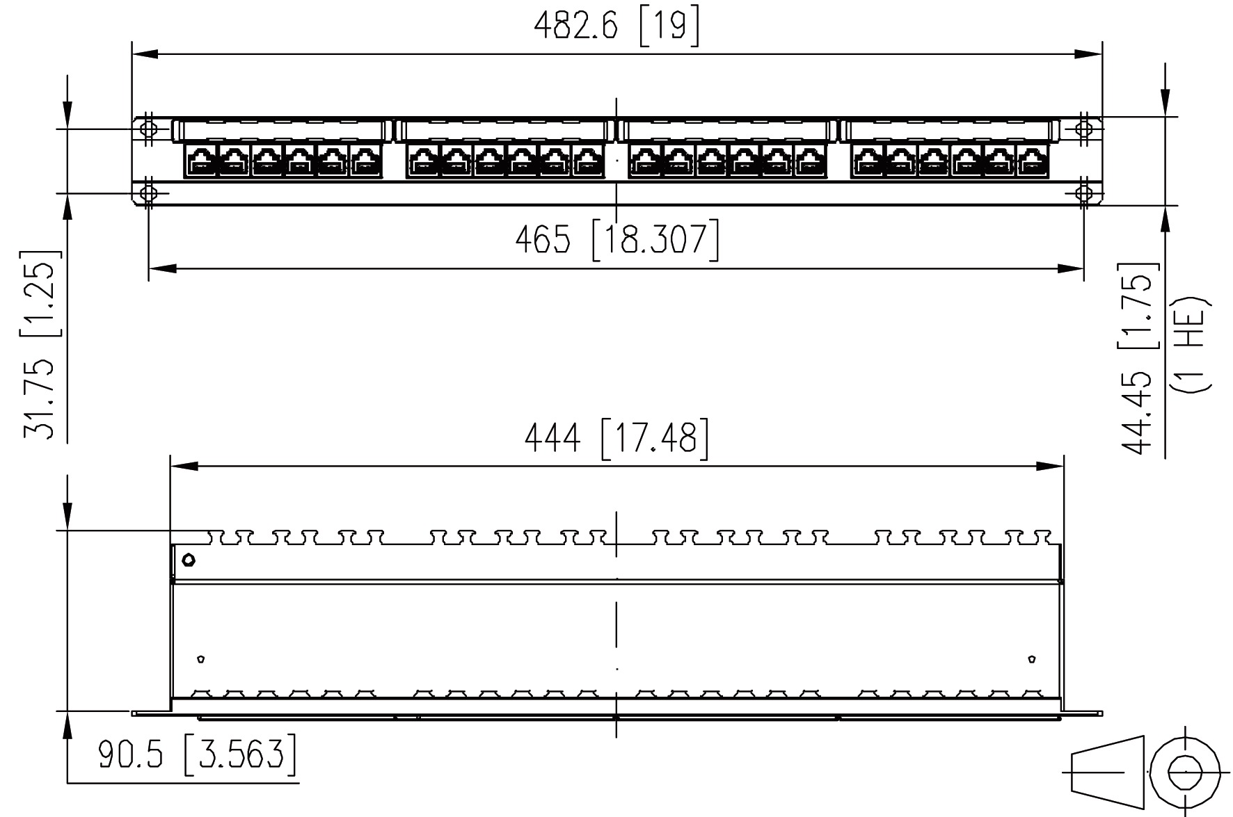 Patchpanel 24Ports 1HE Cat6A Schirm 19Zoll-Einbau 44,45x482,6x90,5mm