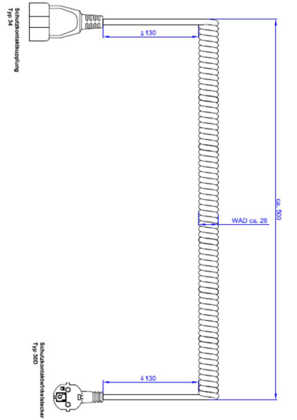 Spiralleitung 2m 3x1,5qmm ws IP20 0-70°C Schutzkontaktkupplung (Typ F)