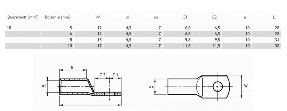 Rohrkabelschuh 10qmm M5 180° (horiz) Cu mehrere verschiedene Ring verzinnt