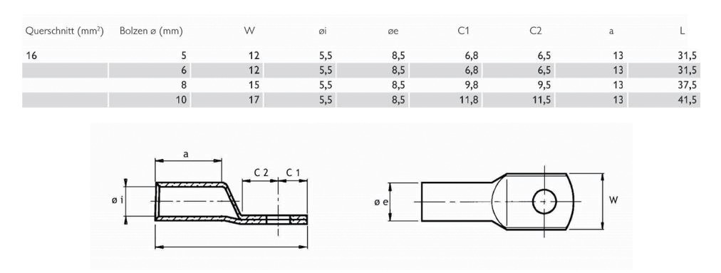 Rohrkabelschuh 16qmm M5 180° (horiz) Cu mehrere verschiedene Ring verzinnt