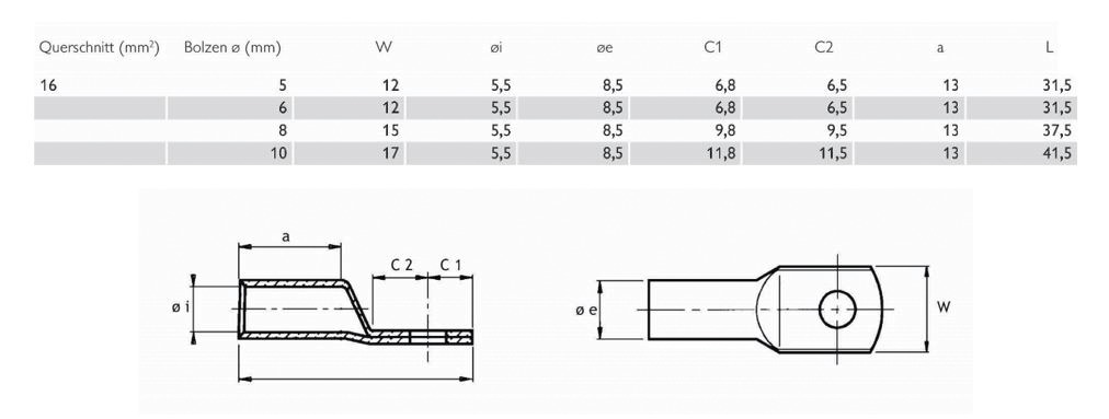 Rohrkabelschuh 16qmm M6 180° (horiz) Cu mehrere verschiedene Ring verzinnt