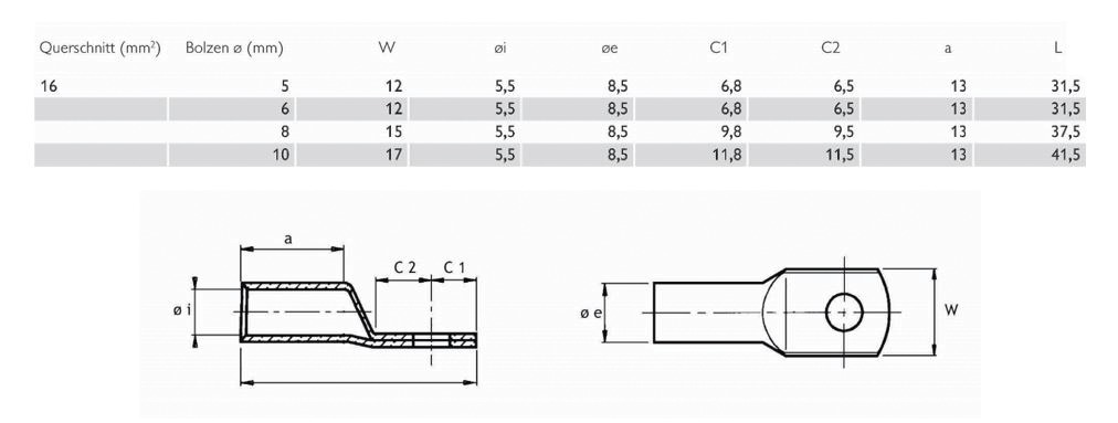 Rohrkabelschuh 16qmm M8 180° (horiz) Cu mehrere verschiedene Ring verzinnt