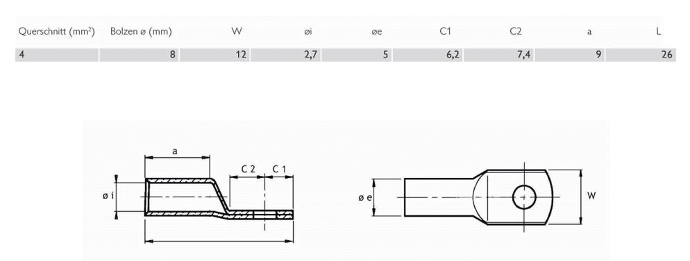 Rohrkabelschuh 4qmm M8 180° (horiz) Ring mehrere verschiedene Cu verzinnt