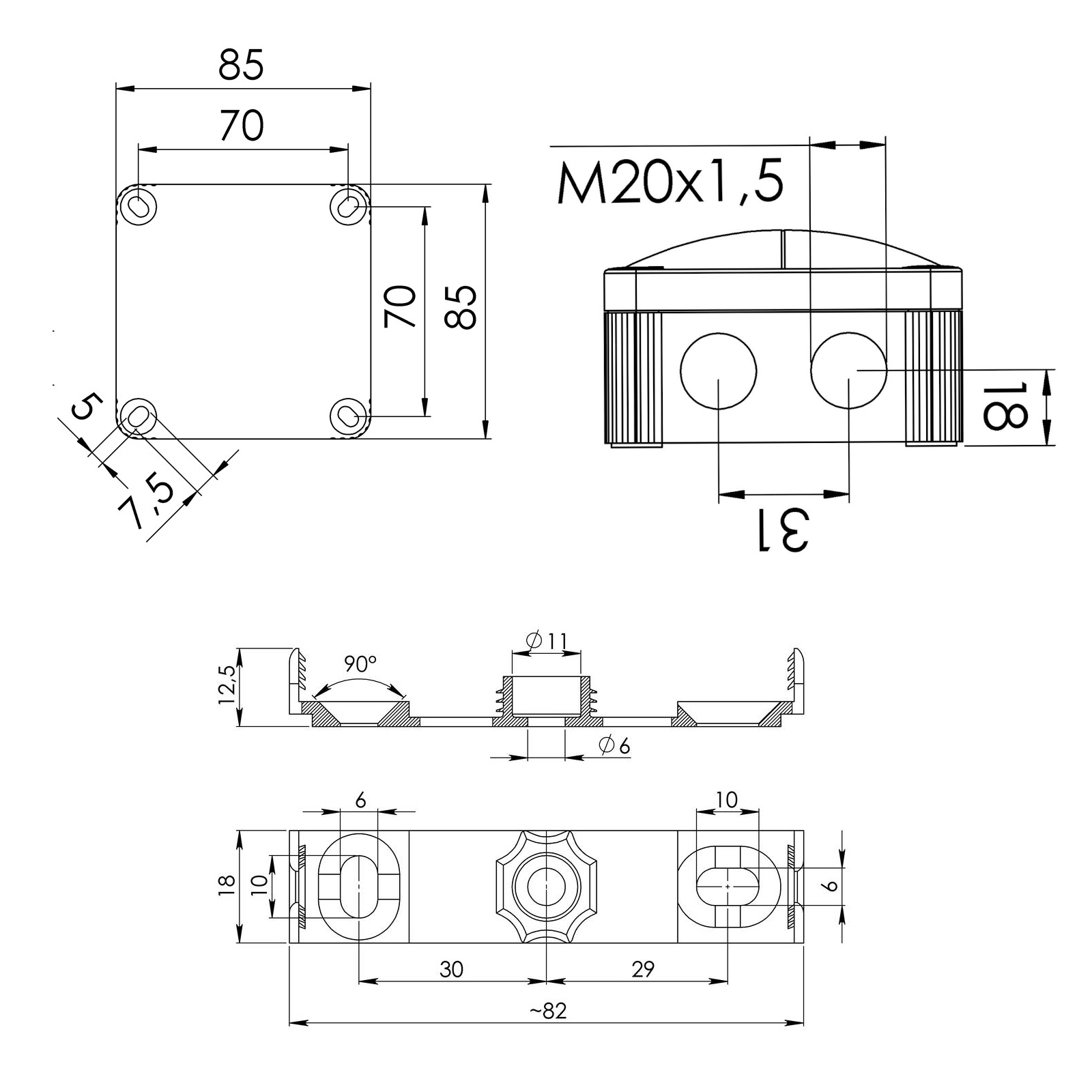 Abzweigdose IP66/IP67 4qm 85x85x51mm gr Kst uni 4qmm hfr