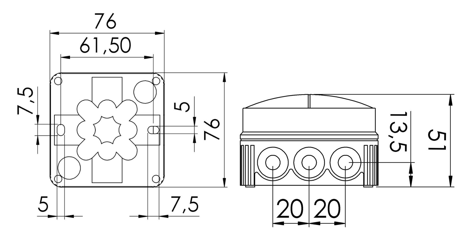 Abzweigdose IP66/IP67 2,5 76x76x51mm gr Kst uni 2,5qmm hfr