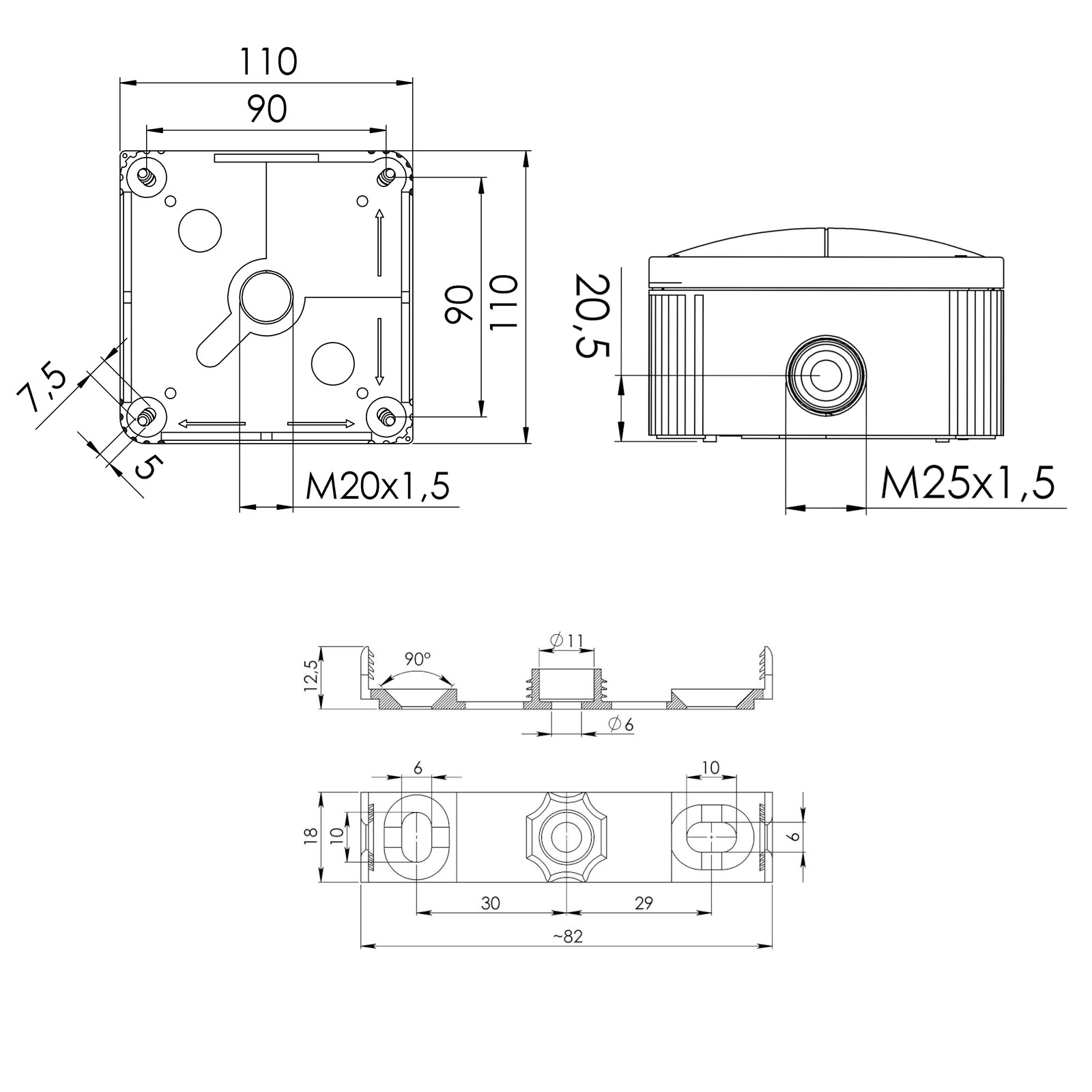 Abzweigdose IP66/IP67 6qm 110x110x66mm gr Kst uni 6qmm hfr