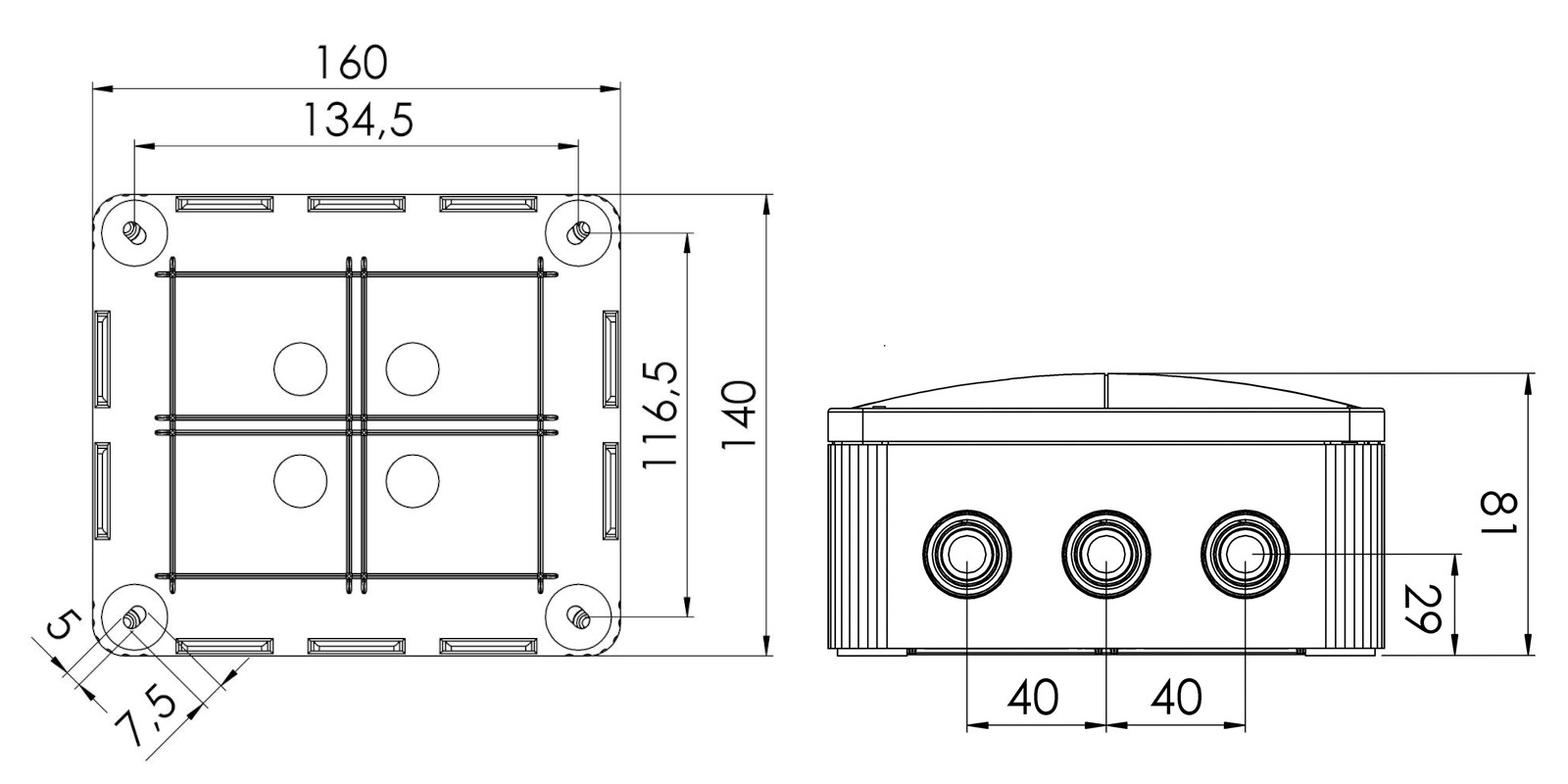 Abzweigdose IP66/IP67 10q 160x140x81mm gr Kst uni 10qmm hfr