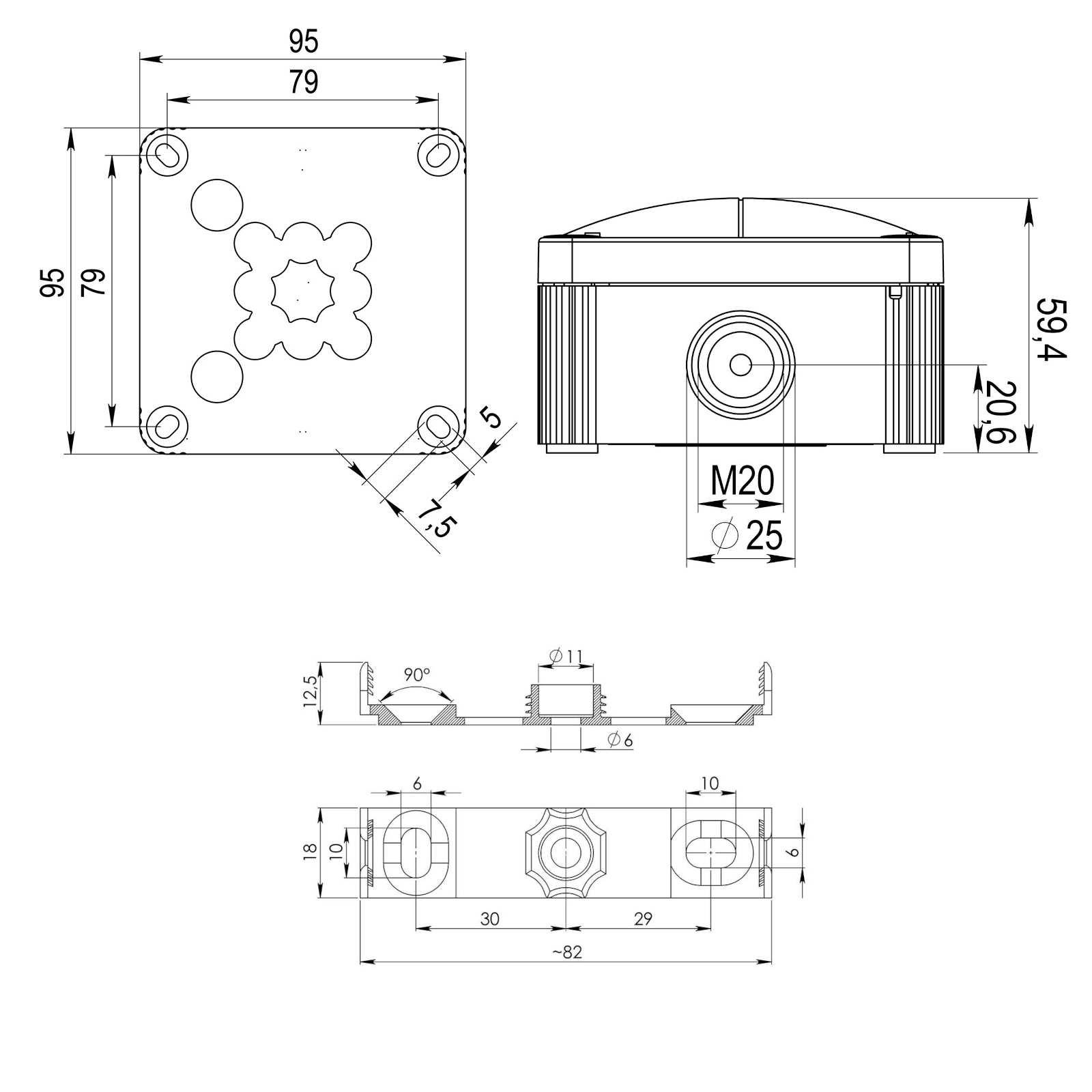 Abzweigdose IP66/IP67 4qm 95x95x60mm gr Kst uni 4qmm hfr