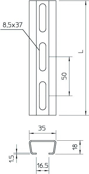 C-Profilschiene ST 2000x35x18mm 17mm D1,25mm Rück_gel f.Funktionserh