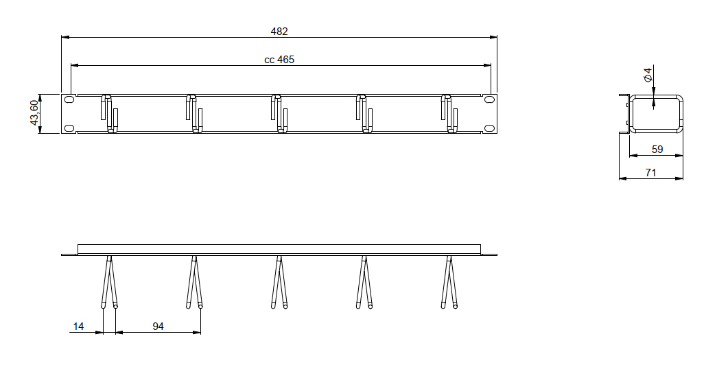 Kabelführungspanel Metall 482,6mm B482mm 1HE sw