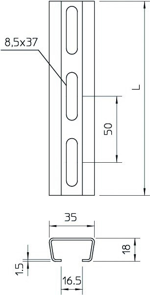 C-Profilschiene ST 200x35x18mm 17mm D1,25mm Rück_gel f.Funktionserh