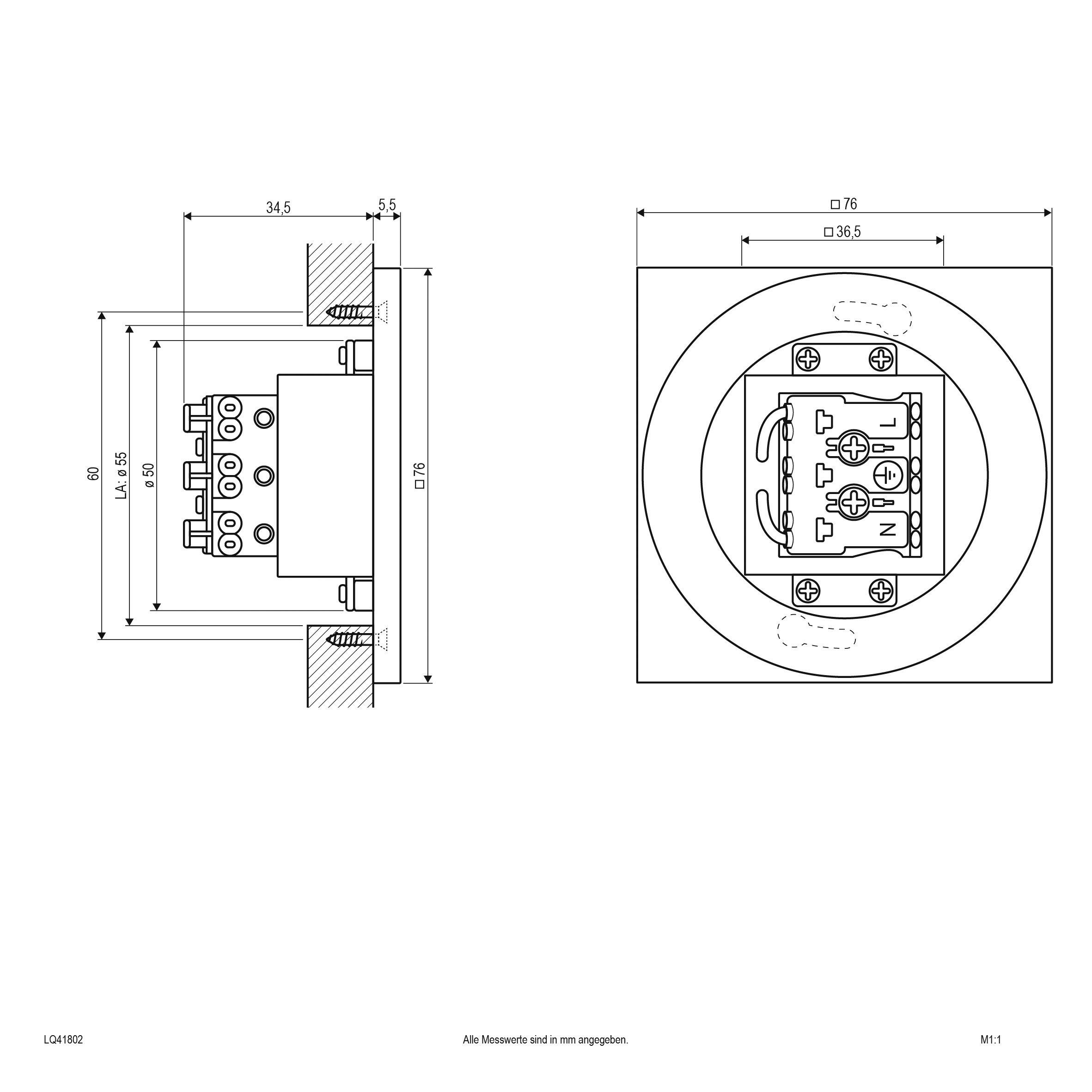 LED-Wandeinbauleuchte 1,8W 3000K 55lm edst Konv IP44 76x76x40mm