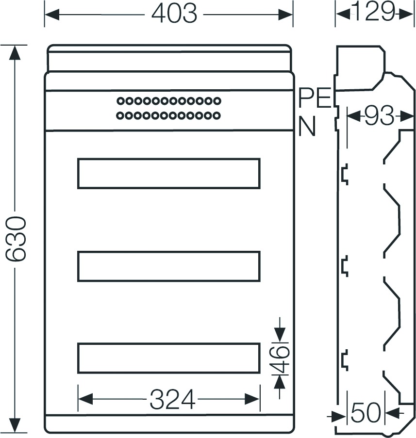 Automatengehäuse AP 3x18TE Kst IP65 REG 403x603x129mm ET93mm