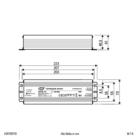 LED-Steuerung 0,1-150W 24V IP67 1-10V Metallgeh Dimmung 1-10 V dyn 223x70x41mm