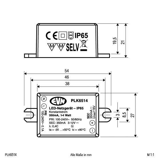 LED-Trafo 1-4W 350mA IP65 Kstgeh stat 54x27x21mm