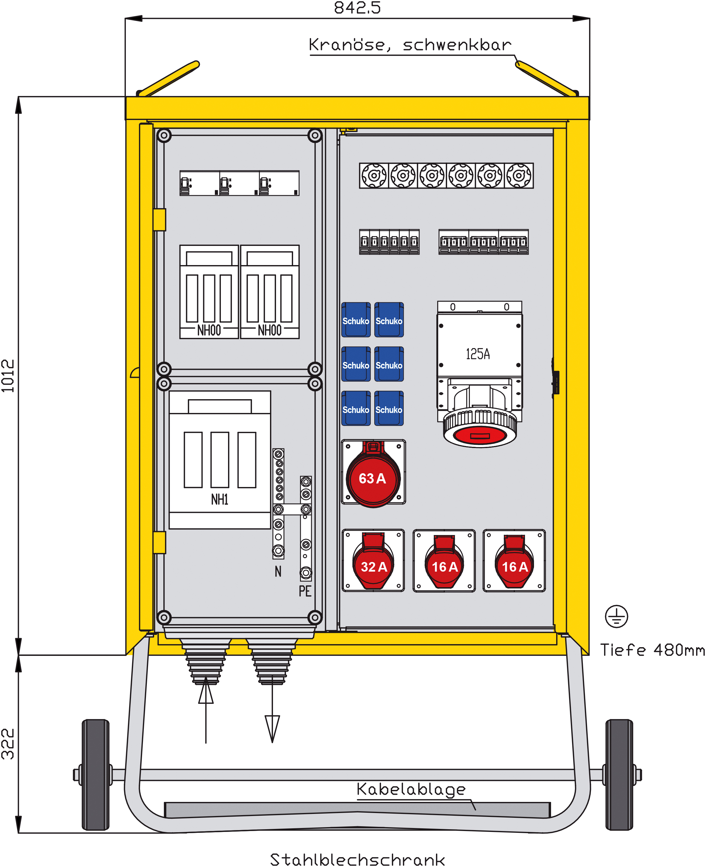 Baustromverteiler 138kVA 2CEE16A 1CEE32A 6Steckdose NH1 IP44 mob.Endvert