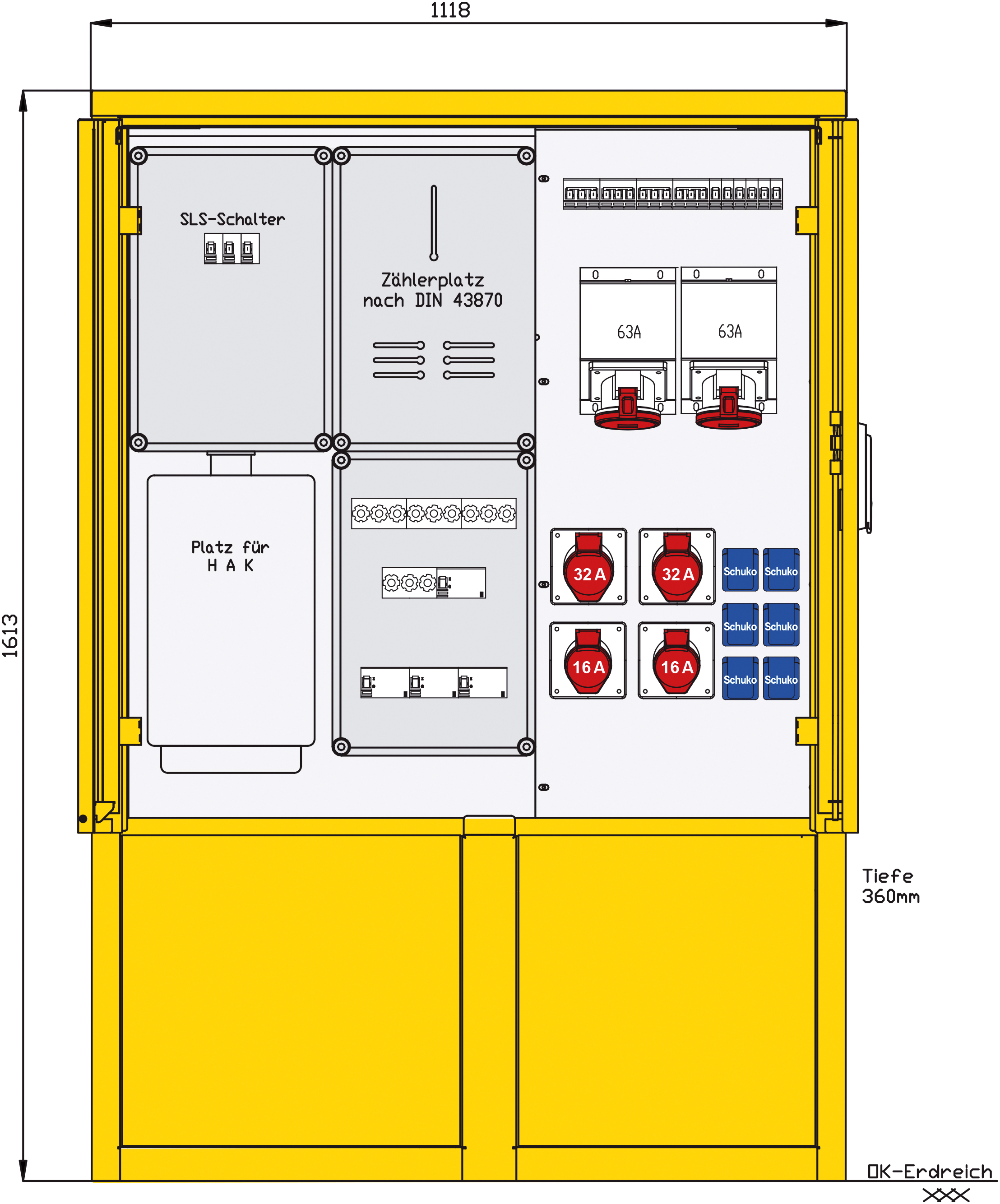 Baustromverteiler 69kVA 2CEE16A 1Zähler 6Steckdose IP44 Verteiler