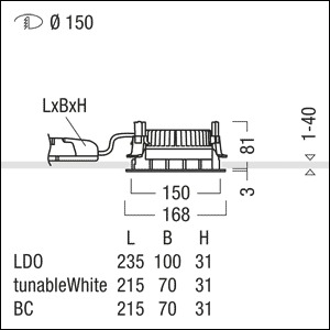 LED-Einbaustrahler 15W 3000K 1880lm Konv DALI Dimmung DALI 1LED Alu IP44 ws mt