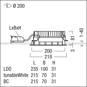 LED-Einbaustrahler 19W 3000K 2619lm Konv DALI Dimmung DALI 1LED Alu IP44 ws mt