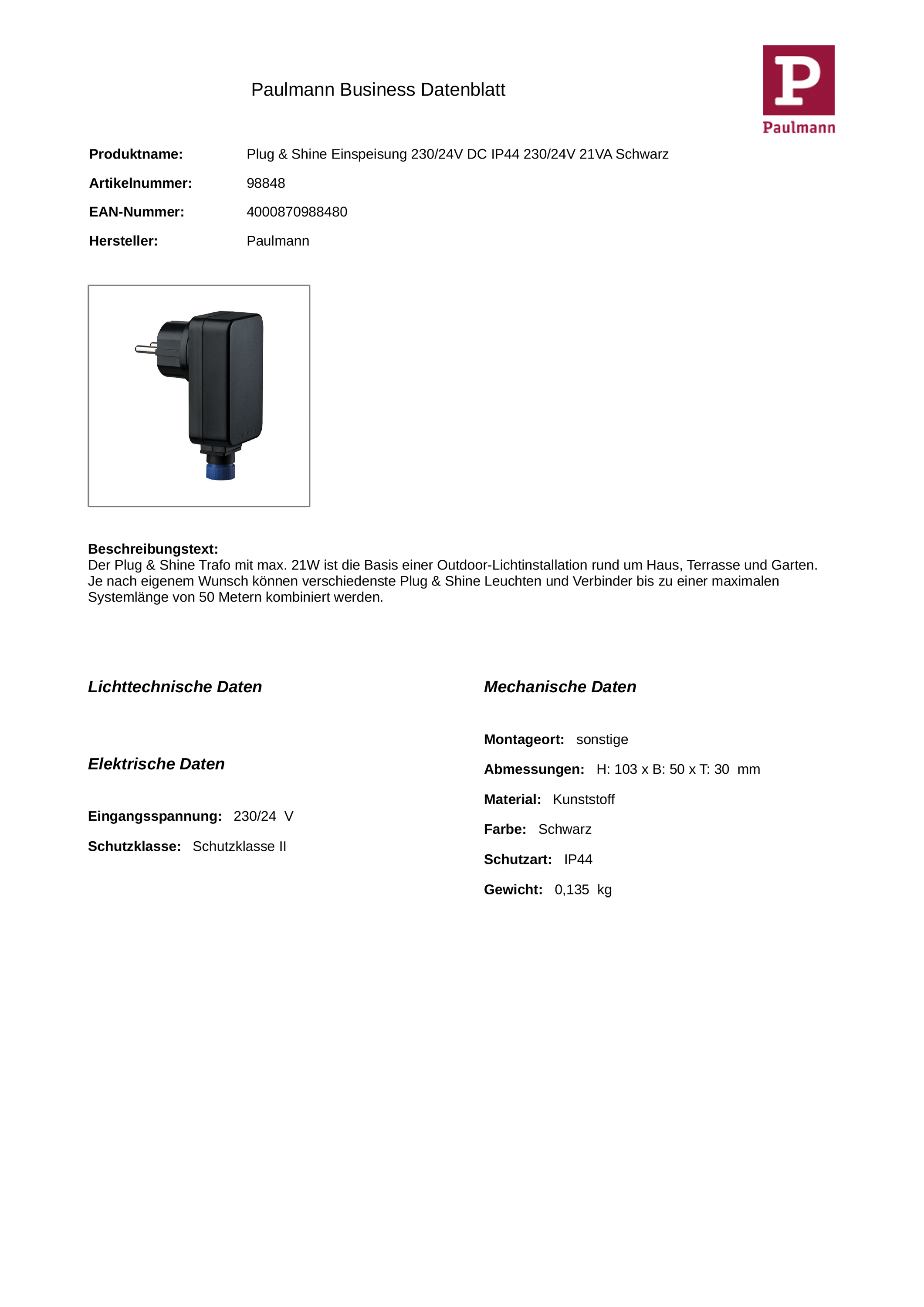 LED-Trafo 0-21W Plug&amp;Shine 24V IP44 stat Kstgeh 104x50x30mm