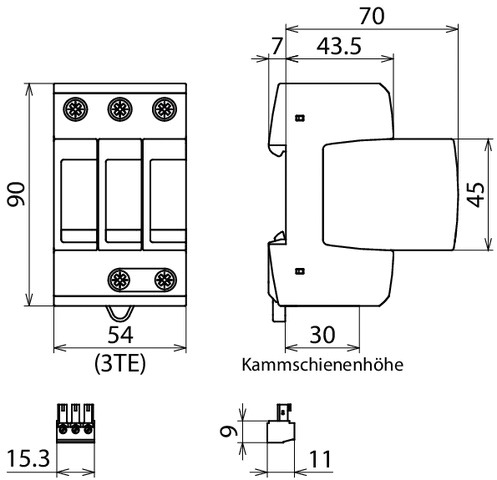 Überspannungsableiter TN-CNetzform- 3TE 230VAC Netzform-TN-C 1,5kV 20kA opt