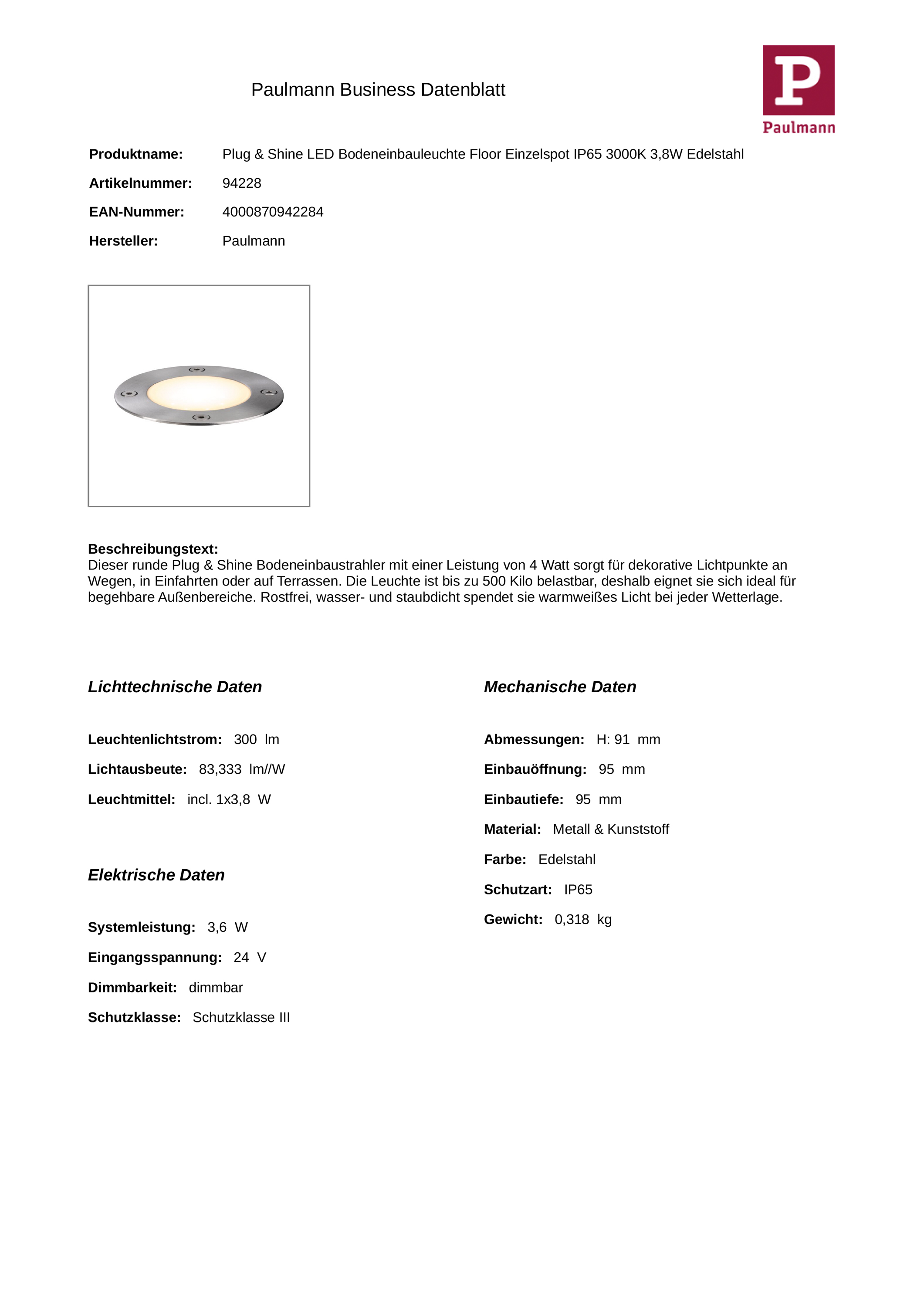 LED-Bodeneinbauleuchte Plug&amp;Shine 3,8W 3000K LED nicht austauschbar 1LED 300lm