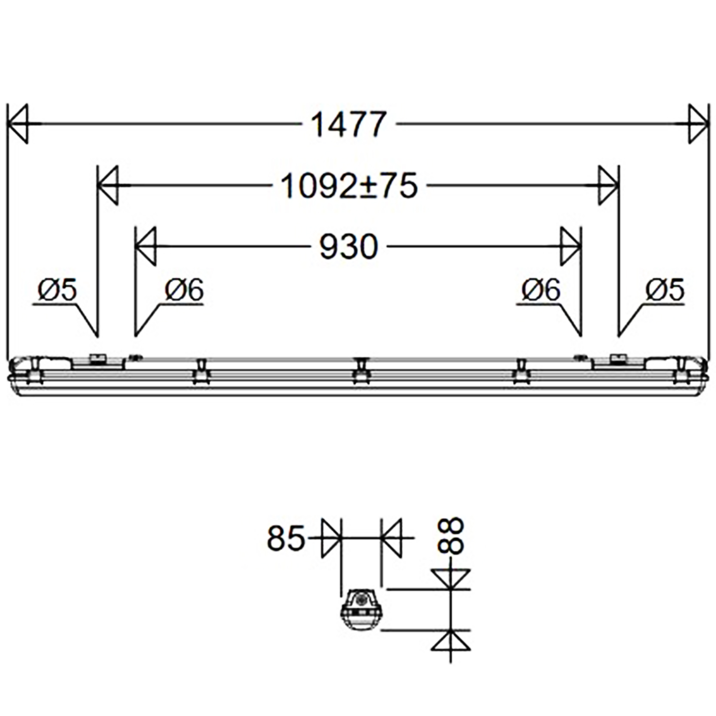 LED-Feuchtraumleuchte LUXANO2 43W 4000K 6000lm gr Konv IP65 1477x85x88mm