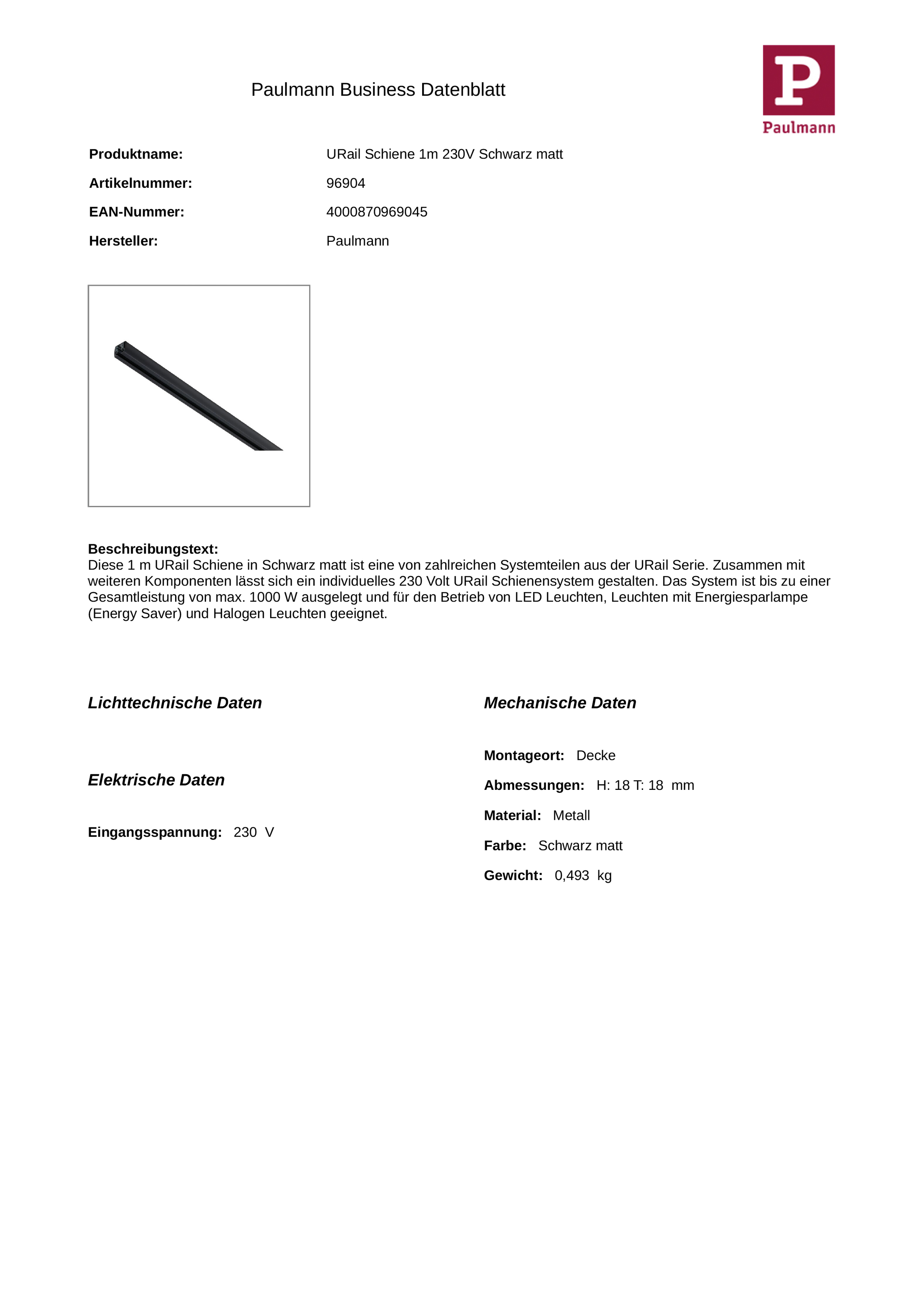 Stromschiene 1ph 1000mm sw 230V Alu 18x18mm rechteck