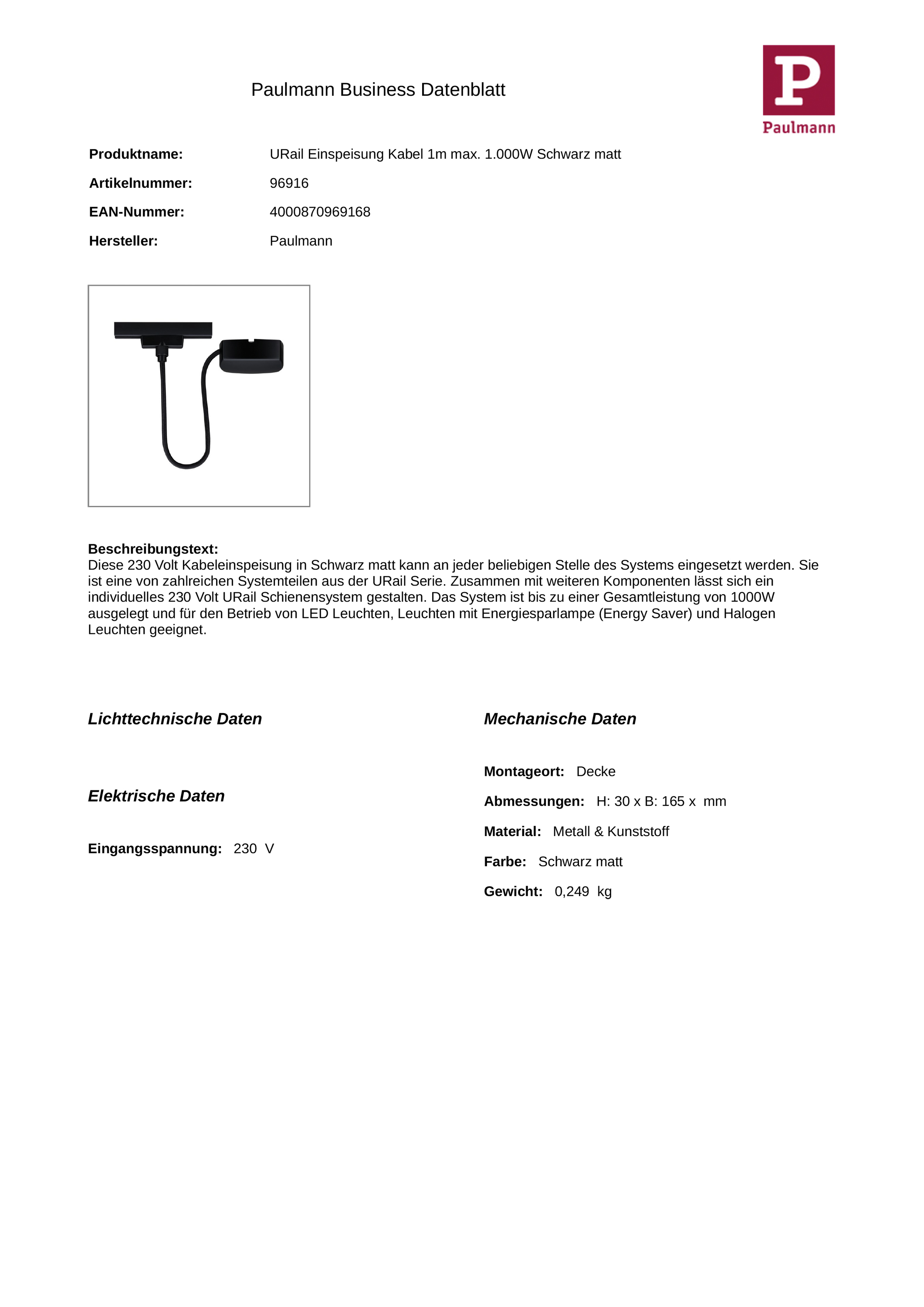 End-Einspeisung sw 1000mm