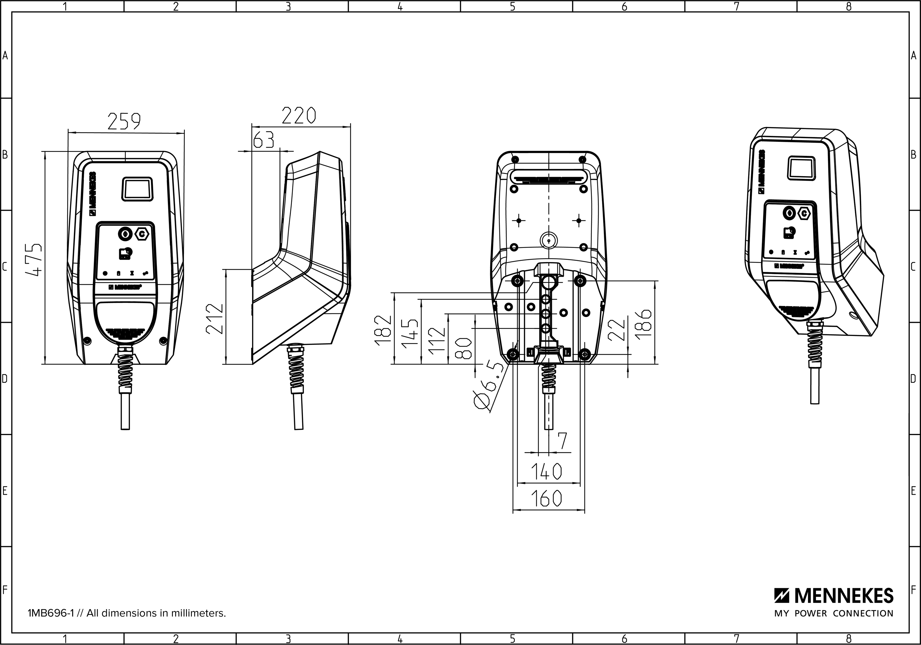 Wallbox 22kVA 3ph L7,5m 1f 22kW/Ladep IP44 259x474x220mm Wandmont Kst IK10