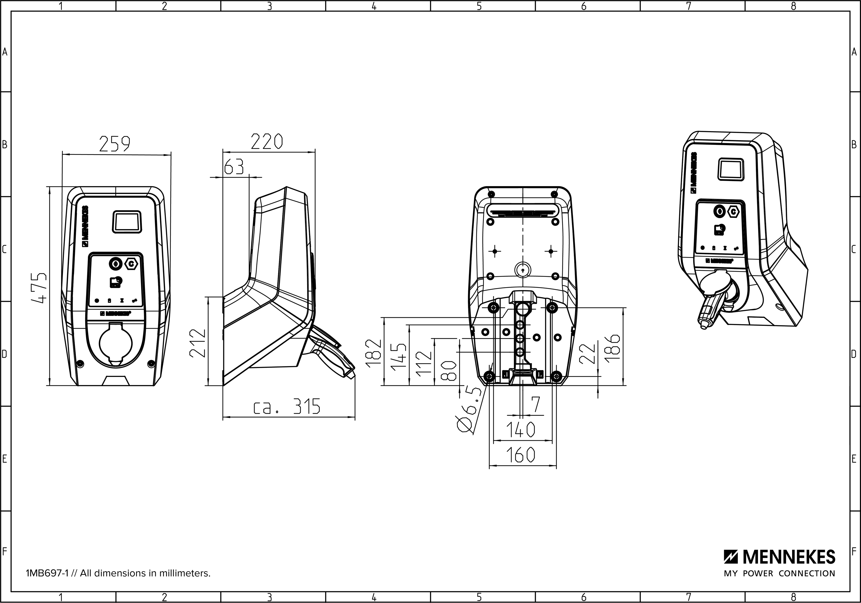 Wallbox 22kVA 3ph 1f 22kW/Ladep IP54 Kst 259x474x220mm Wandmont IK10