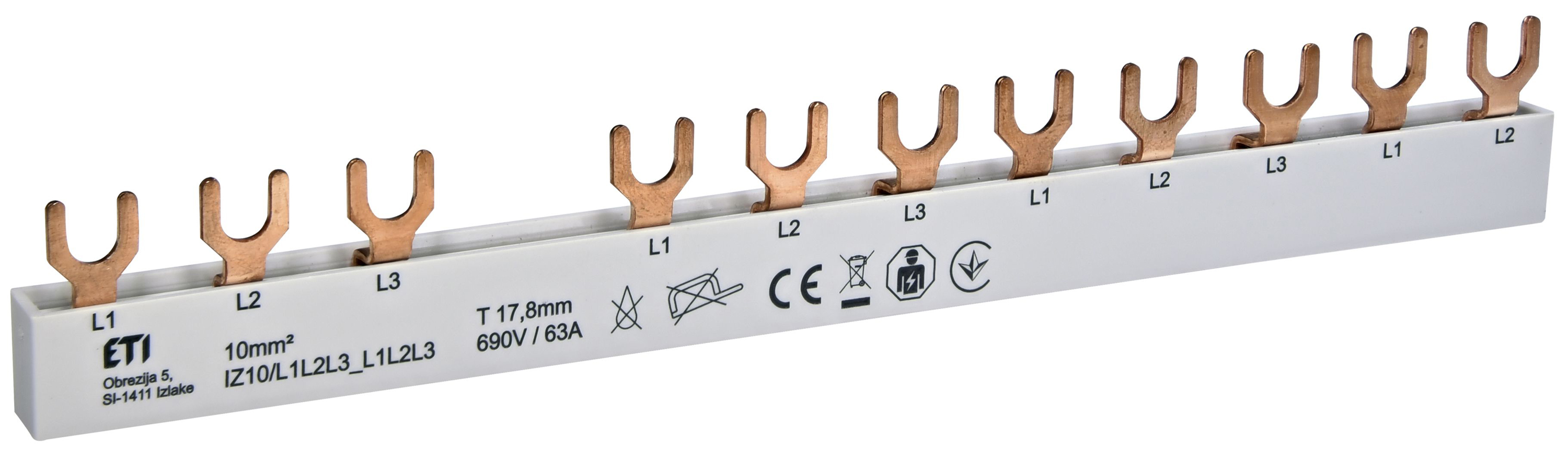 Phasenschiene 3ph 17,8mm 210mm 10qmm 63A Gabel Isoliert