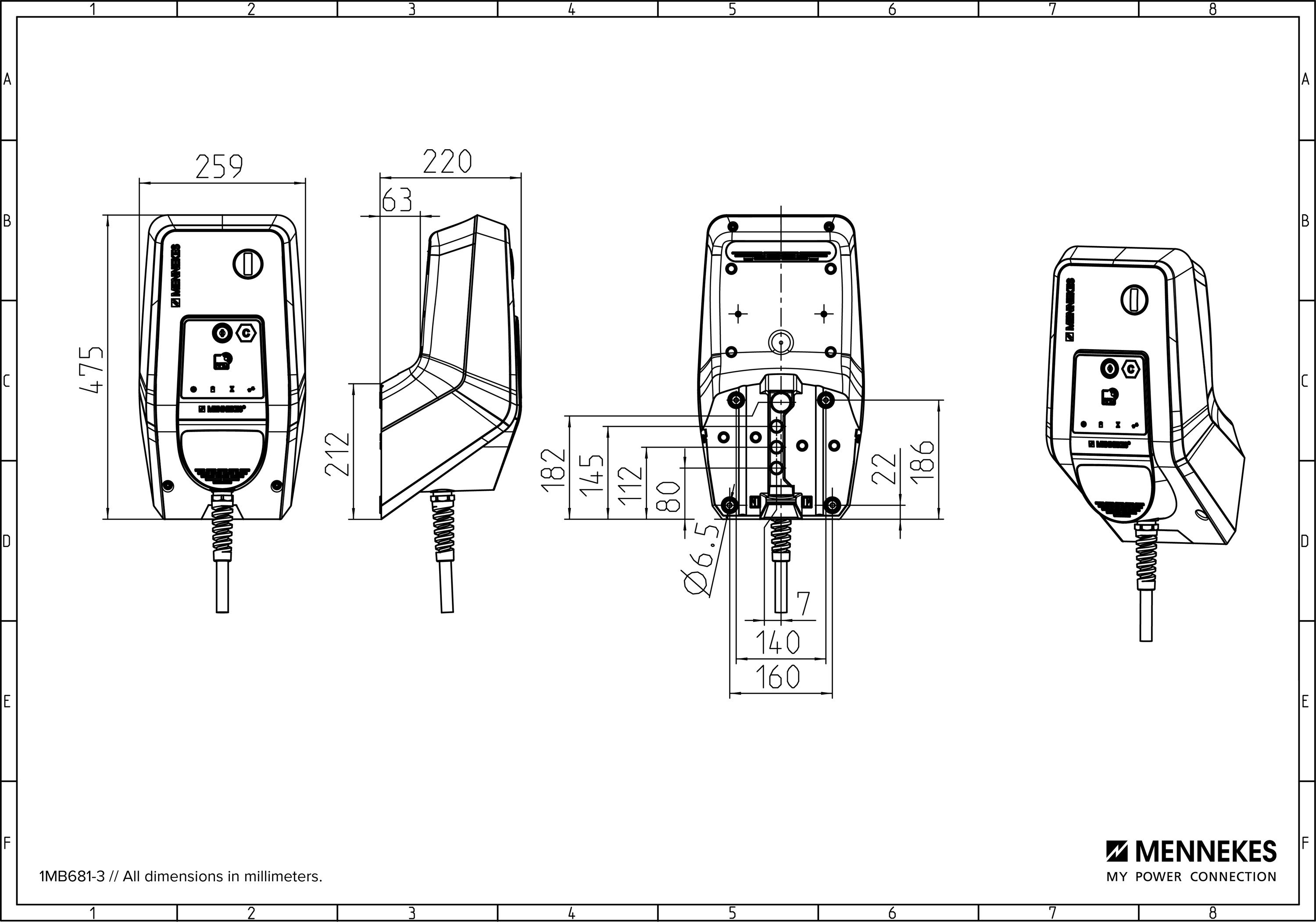 Wallbox 11kVA 3ph L7,5m 1f 11kW/Ladep IP54 259x475x220mm Wandmont Kst IK10