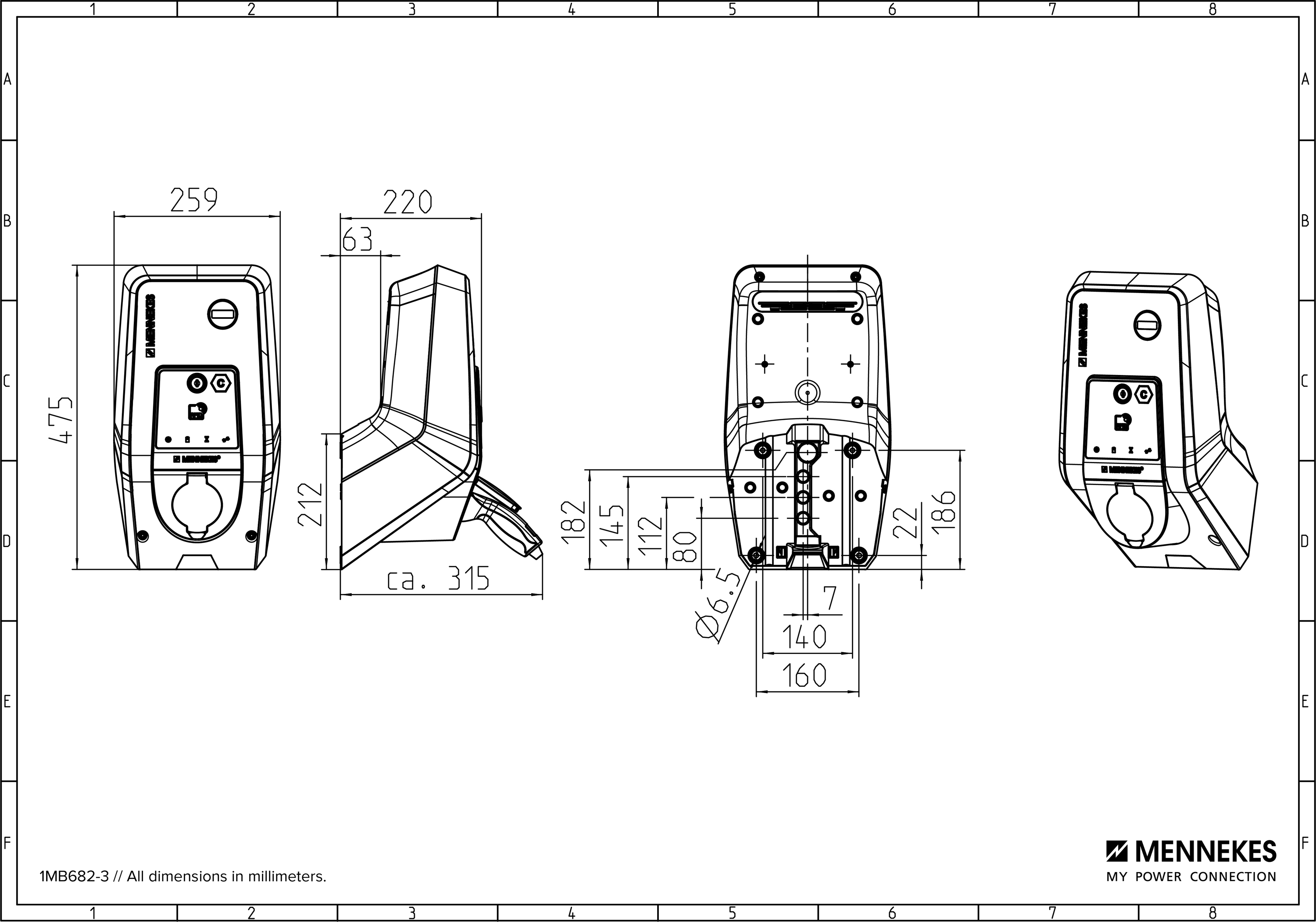 Wallbox 11kVA 3ph 1f 11kW/Ladep IP54 Kst 259x475x220mm Wandmont IK10