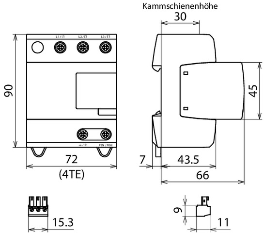 Kombi-Ableiter TS35 3p TN-C TN-C-S 4TE 230VAC 1,5kV Hutschiene TH35 opt