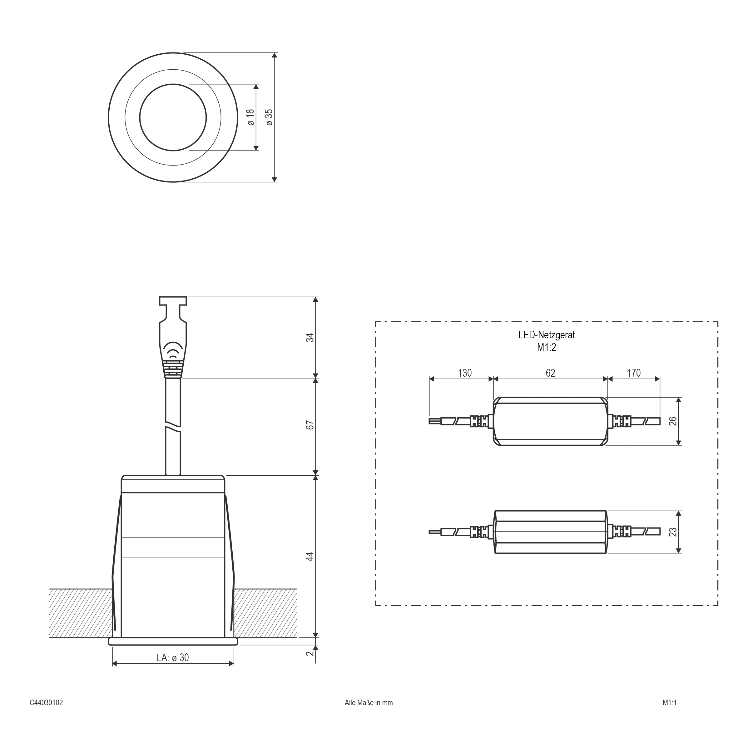 LED-Einbaustrahler 3W 3000K 159lm Konv ws mt 1LED Alu IP44 Schraubkl Ø/EB30mm