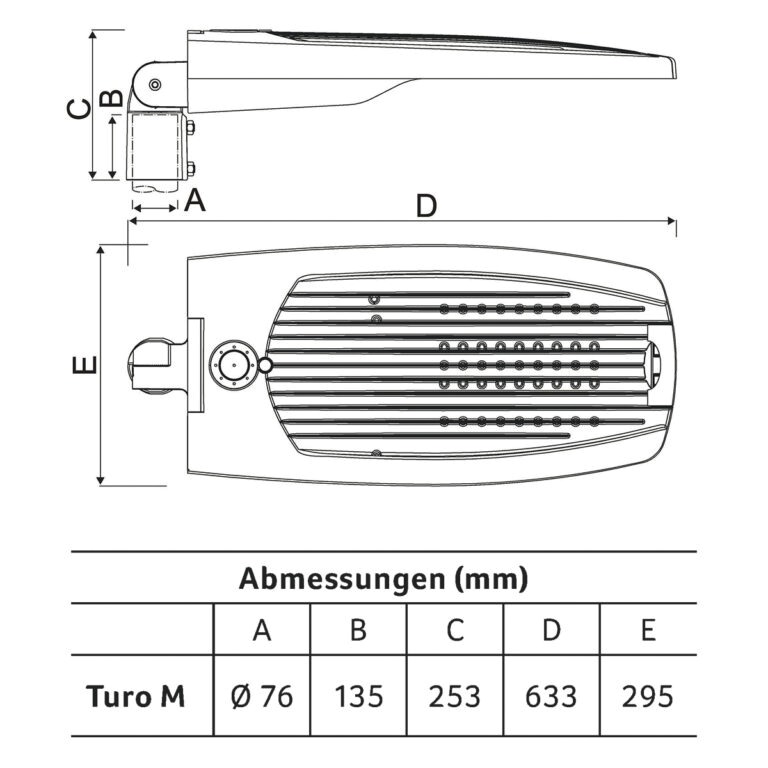 LED-Straßenleuchte 87W TURO Aufs/Ans sw 76mm 4000K 10300lm elektr.Trafo Alu IP66