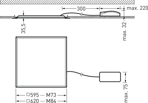 LED-Panel 31W 3000K 3400lm ws Konv IP40 Dimmung DALI 620x620x65mm