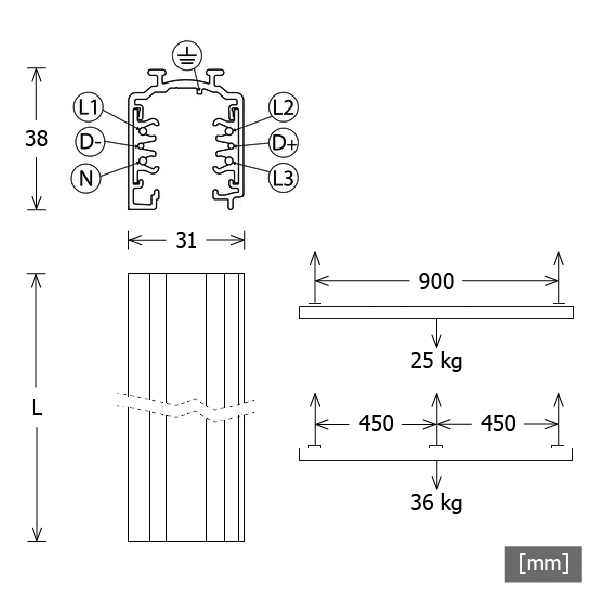 Stromschiene 3ph 1000mm gr 220-240V Alu Bus Busfähig 31x38mm rechteck