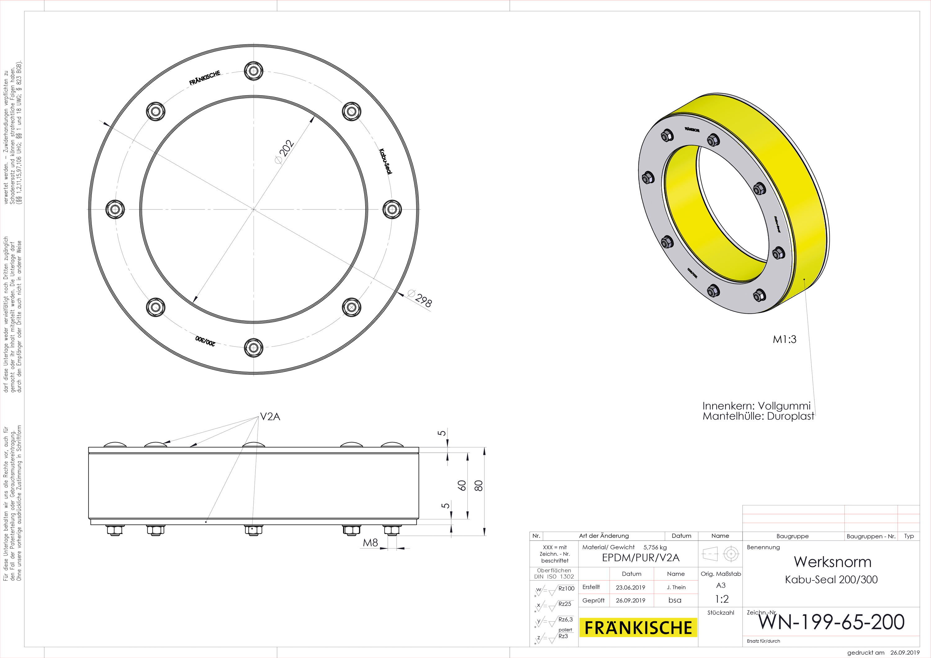 Mauerdurchführung Ø300mm L80mm Pressringdichtung Ø200mm Ø202/196mm