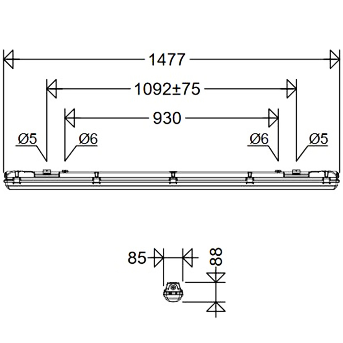 LED-Feuchtraumleuchte LUXANO2 43W 4000K 6660lm gr IP65 Notlicht 1477x85x88mm