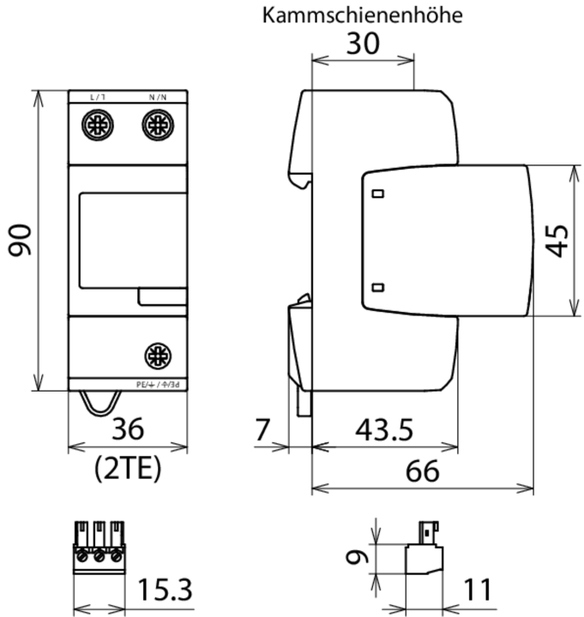 Kombi-Ableiter TS35 2p TN 230VAC 1,5kV Fernsign Hutschiene TH35 Netzform TN 2TE