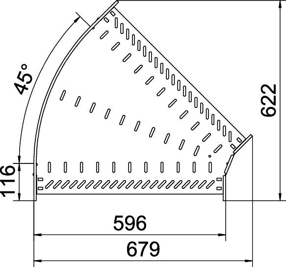 Bogen_starr 45° ST horiz 60x600mm int.Verb integrierter Verbinder60x600mm