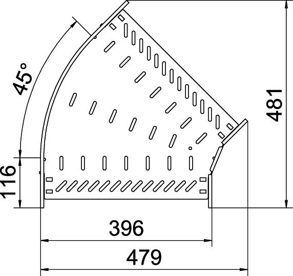 Bogen_starr 45° ST horiz 110x400mm int.Verb integrierter Verbinder110x400mm