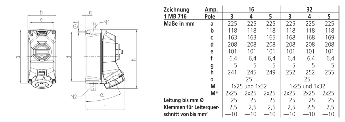 CEE-Schaltersteckdose 3p 16A 230V/bl IP67 Kst mech.Verrieg