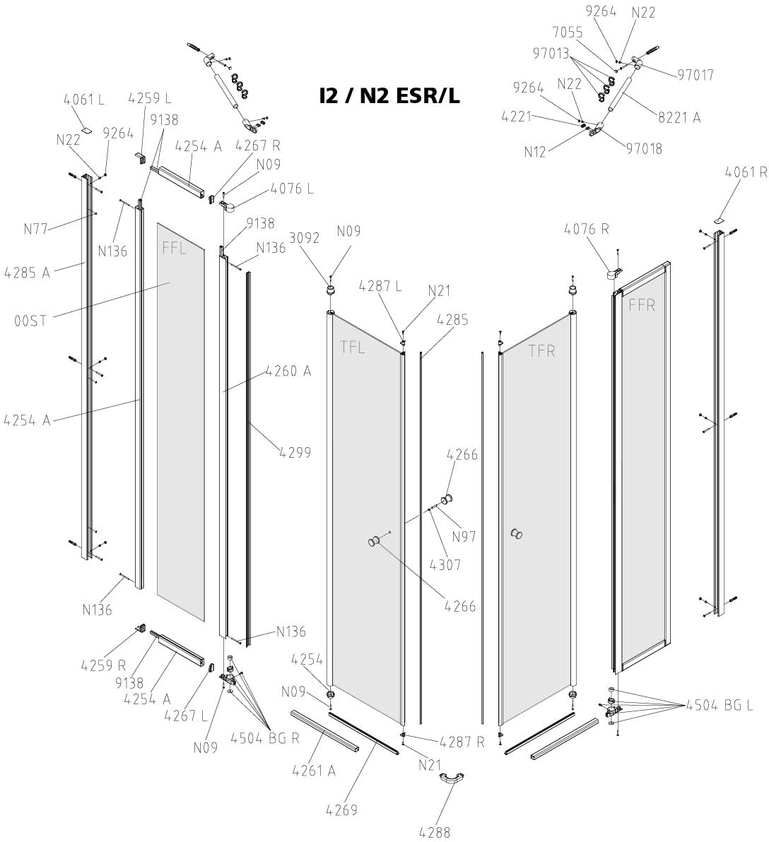 Kermi Eckeinstiegshälfte Nova 2000 2-teilig Pendeltüren mit Festfeldern 90 x 200 cm, silber mattglanz, Kerolan Fontana, rechts