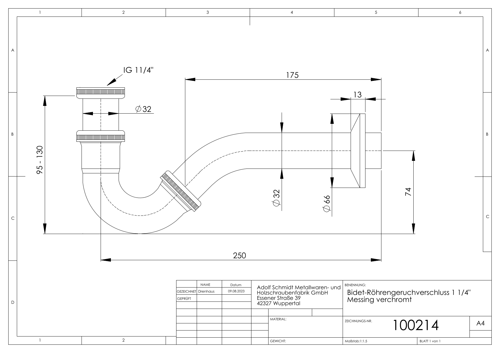 ASW Bidet-Röhrengeruchsverschluss 1 1/4"x32mm, Verstellrohr 45mm, Messing matt schwarz
