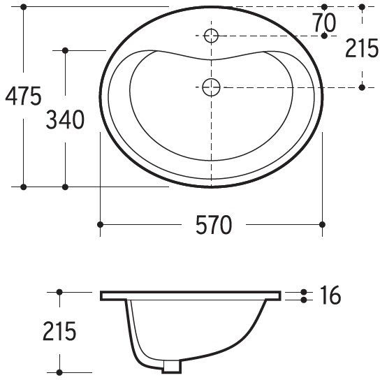 AQVAZONE Einbau-Waschtisch AQVA CERAMICA weiß, oval, 570 x 475 x 215 mm, mit Überlauf/Hahnloch