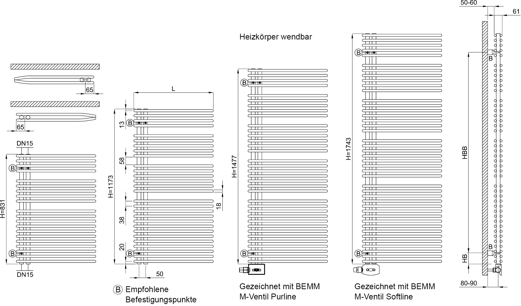 Bemm Badheizkörper Habanera 1477 x 503 mm, edelweiß, wendbar