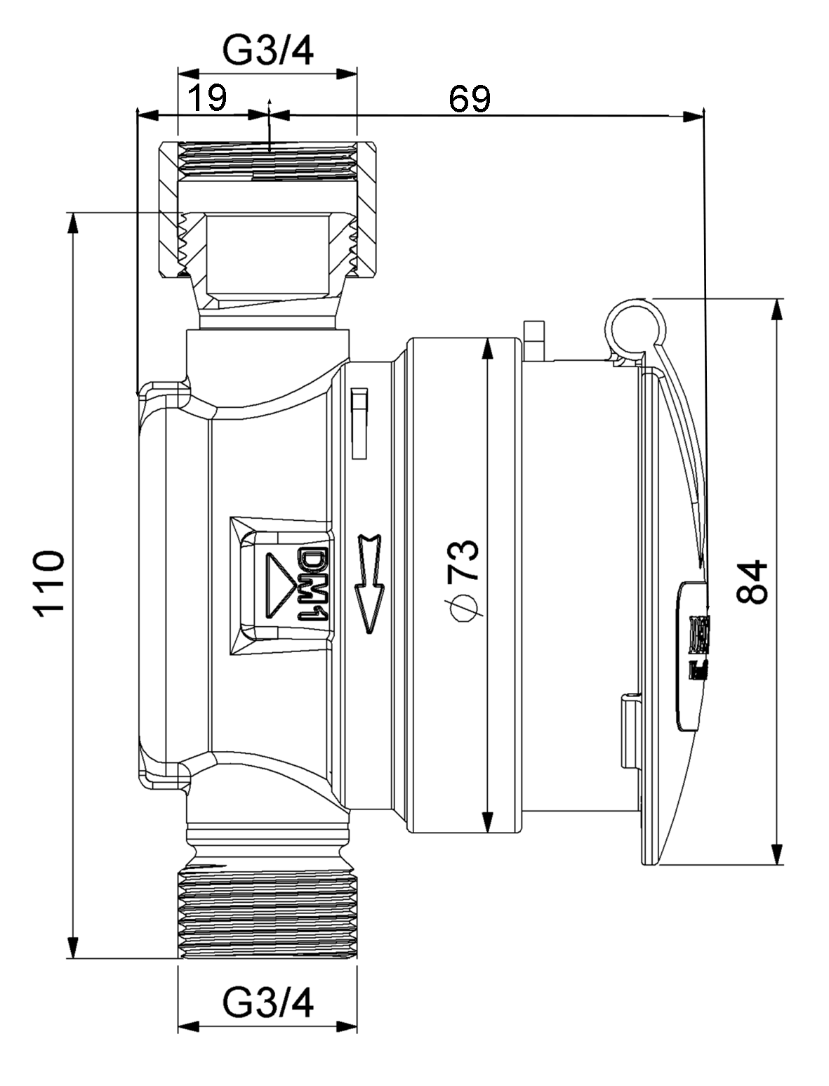 Deltamess Zapfhahnzähler TKS smart M Kalt, G 3/4&quot; AGx110mm, Q3 2,5 cbm/h, mit Schutzdeckel